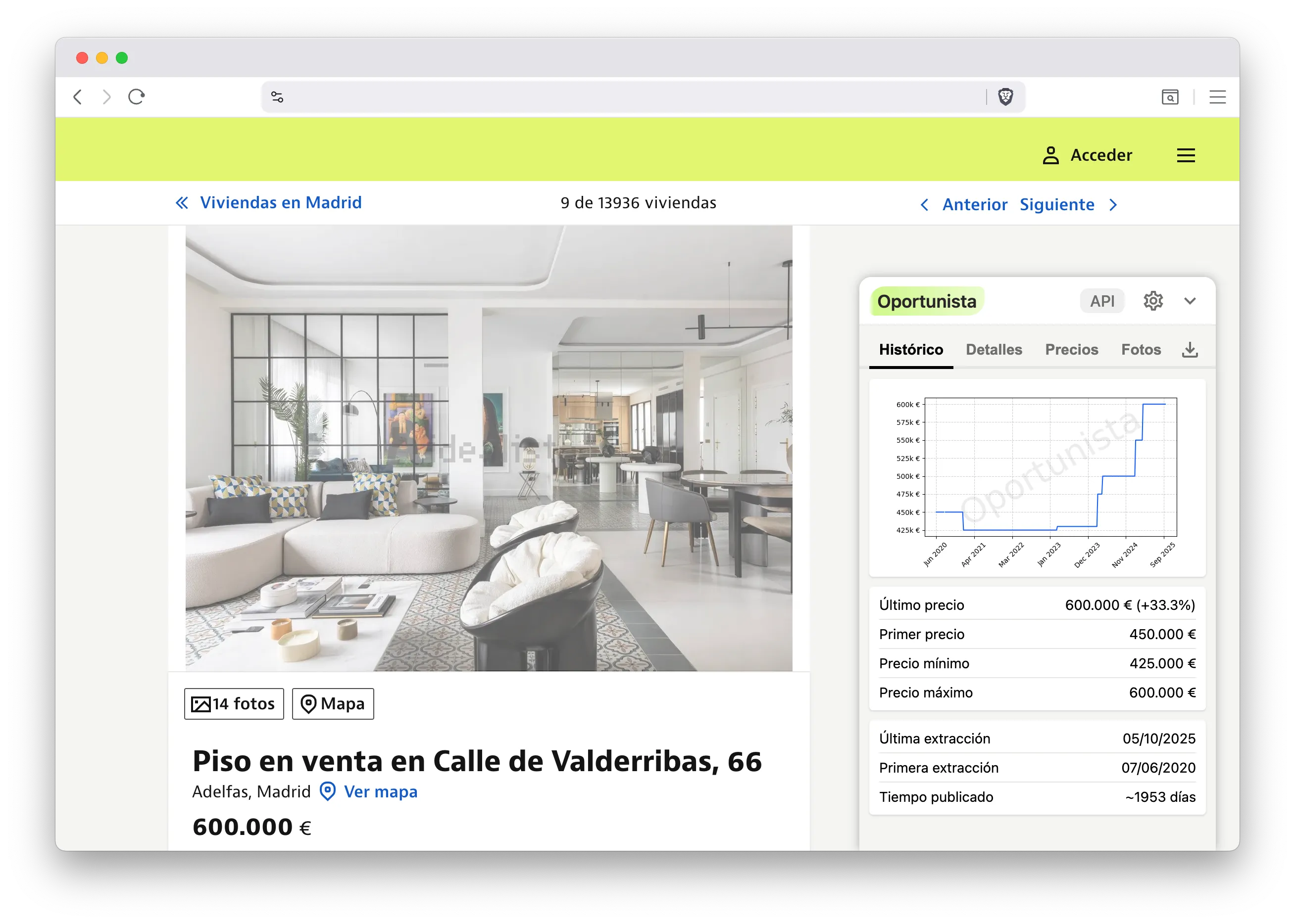 Consulta el histórico de precios navegando directamente por la página.