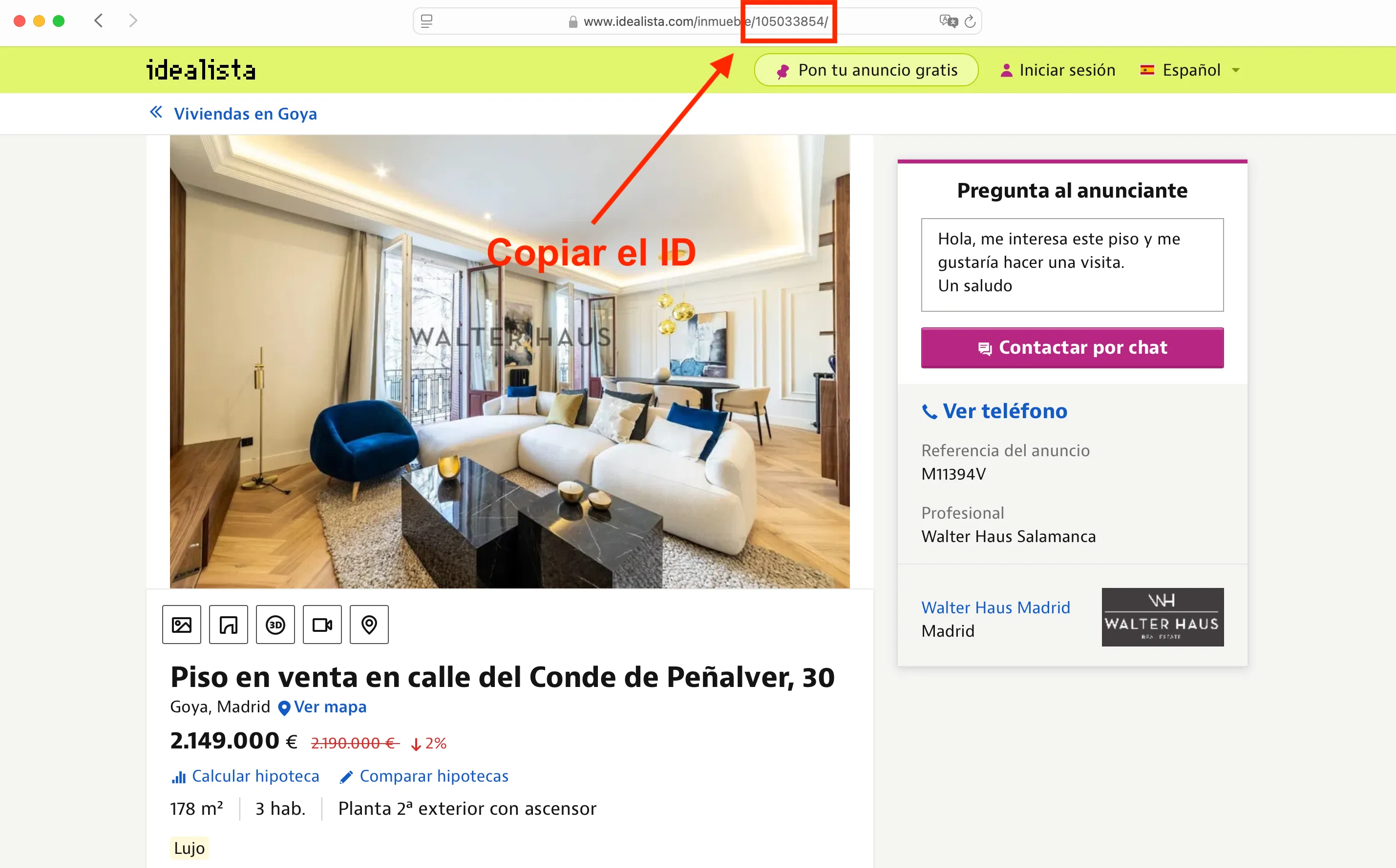Primer paso para copiar el ID de un inmueble